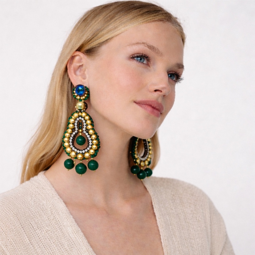 Ranjana Khan Vintage Signed Green Beaded Chandelier Statement Earrings